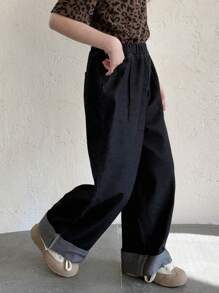 DAZY 青少年女孩纯色休闲阔腿牛仔裤，返校服 - 黑色 - 查看 2