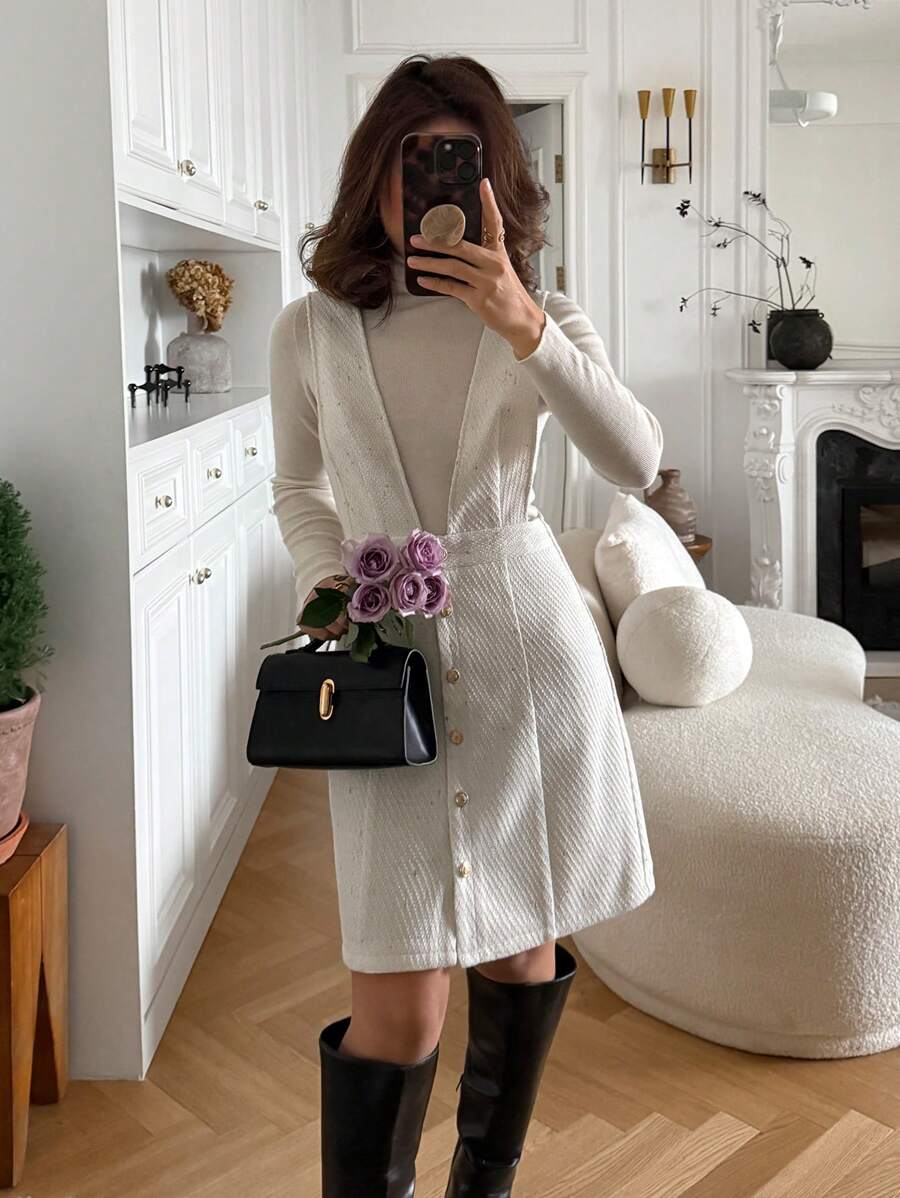 SHEIN Frenchy Tuta elegante casual da donna con scollo a V profondo e design con bottoni, di colore unito - Bianco - Visualizzare 1