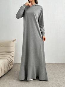 RueChic 纯色长袖荷叶边下摆宽松休闲连帽运动衫连衣裙 - 灰色 - 查看 7