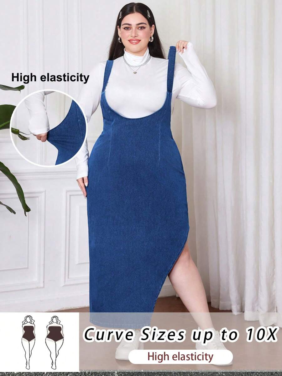 SHEIN EZwear 大码女式蓝色牛仔弹力肩带中长连衣裙