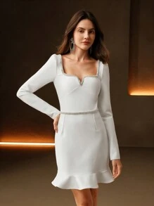 Anewsta 女士优雅水钻方领心形点缀迷你连衣裙，时尚春夏装、情人节装、派对装 - 白色 - 查看 5