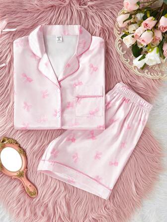 SHEIN 2 stuks tienermeisjes elegante vlinderprint kraag lange mouw vest en broek nachtkleding set, roze