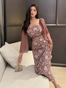 DAZY 女士优雅花卉提花方领长袖中长连衣裙，适合春秋季场合，复活节正式女士礼服 - 粉色 - 查看 3