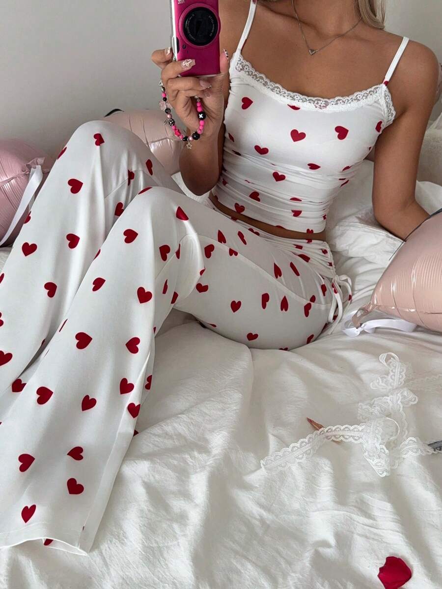 SHEIN EZwear Valentine's Day Heart Print 2pcs Knit Set For Women - White - View 1