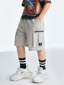 SHEIN Teenager Spring/Summer Zipper Design Drawstring Waist Shorts Cargo Plain Cream Street Wear - Khaki - View 7