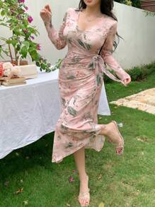 DAZY 女士印花修身收腰中长连衣裙度假装扮 - 粉色 - 查看 5