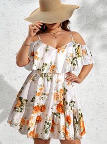 SHEIN VCAY Plus Size Women Boho Floral Print Cold Shoulder Ruffle Trim Casual Dress For Vacation, For Summer - Orange - View 1