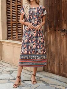 EMERY ROSE Women's Casual Straight Midi Dress With Plant Print And Bat Sleeves, Vacation Wear