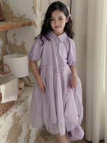 DAZY Tween Girl Summer Short Sleeve Mesh Trim Collared Dress