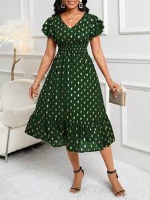 SHEIN Lady 婚礼宾客礼服 金色印花荷叶袖和圆点连衣裙，适合日常通勤、工作和聚会