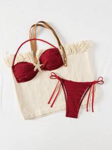 Glamine 2 piezas Conjunto de bikini sexy de mujer con textura de tela sólida y tirantes en forma de estrella de mar, trajes de baño y pantalones de natación, moda festival bohemia, para verano, vacaciones en la playa