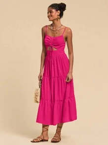 Travachic Drawstring Cut Out Ruffle Hem Cami Dress - Hot Pink - View 4