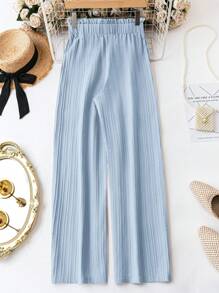 SHEIN LUNE Women's Solid Color Front Tie Frill Trim Casual Pants - Blue - View 2