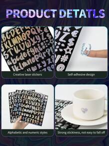 3/5/10 张激光闪光字母贴纸，闪光草书数字字母贴纸自粘 DIY 数字标签贺卡闪光贴纸用于装饰、剪贴簿、邮箱、厨房、毕业帽、标志、家庭、商业、工艺品，字母组合可粘贴在水杯、马克杯、汽车、节日礼物、贺卡、生日派对、自由组合句子、家居装饰、 - 彩色 - 查看 5