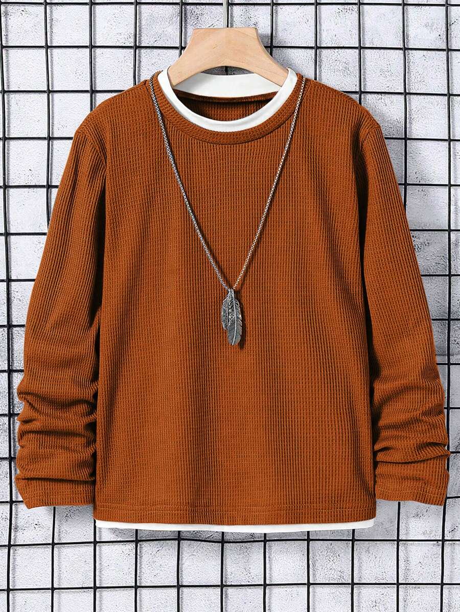 SHEIN Tween Boy Patchwork Crew Neck Long Sleeve Waffle Texture Fabric Comfortable Casual T-Shirt, Suitable For Leisure And Commuting, Can Be Worn Alone Or As An Undershirt, Autumn