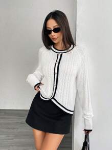 Chiquease Women's Elegant Crew Neck Multi Texture Colorblock Metal Button Pullover Sweater Knit Pullover Fall Winter - White - View 7