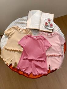 SHEIN LMoss Kids LMoss 6pcs Set Baby Girl Casual Solid Color Knit Short Sleeve Top And Elastic Waist Shorts - Pink - View 1