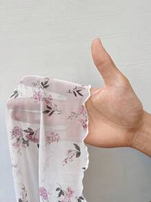 Solflare Plus Size Women's Summer Vacation Sheer Purple Ditsy Floral Pattern Ruffle Hem Form-Fitting Short Sleeve T-Shirt - White - View 6