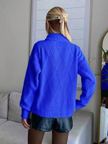 EURMUSE Women Solid Color Diamond Pattern Turtleneck Pullover - Blue - View 4