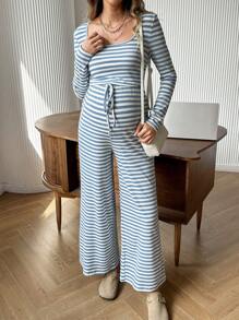SHEIN 2pcs/Set Maternity Stripe Crew Neck Long Sleeve T-Shirt And Adjustable Waist Casual Pants - Blue and White - View 5