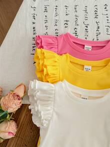 SHEIN LMoss Kids 3pcs/Set Newborn Baby Girl Cute Solid Color Knit Cap Sleeve Bodysuit, Summer - Multicolor - View 3