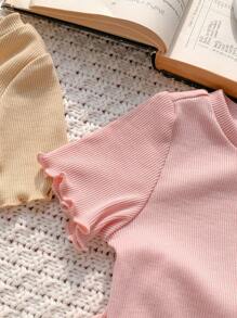 SHEIN LMoss Kids LMoss 6pcs Set Baby Girl Casual Solid Color Knit Short Sleeve Top And Elastic Waist Shorts - Pink - View 10