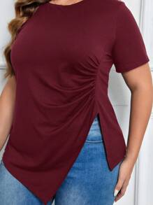 SHEIN LUNE Plus Size Casual Solid Color Ruched Asymmetric Hem Loose T-Shirt - Maroon - View 7