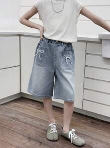 Dazy Kids Tween Girls' Casual Washed Denim Shorts With Bow Decor,Girls Summer Outfits,Back To School Clothes