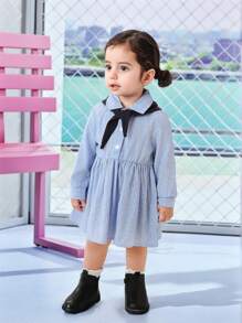 2pcs Set Baby Girls Casual Striped Dress With Detachable Shawl, Soft Fabric, Suitable For Outdoor, Vacation, Hiking - Blue - View 4