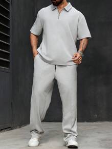 Manfinity Homme 大码男式纯色短袖拉链半襟 Polo 衫和裤子套装 - 淺灰色 - 查看 5