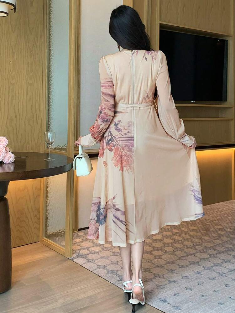 V-Neck Floral Print Belted Mid-Length Dress For Women,Formal Women Dresses,Fall Dress Long Sleeve Dress Maxi Dress