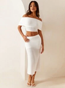 Athîral Women Knit Off Shoulder Crop Top And Long Bodycon Skirt 2 Pieces Outfit, Solid White Color, Stylish Valentine