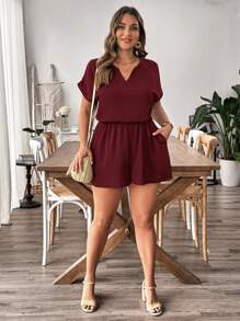 SHEIN LUNE 大码纯色 V 领短袖口袋连体裤，休闲简约 - 酒紅色 - 查看 5