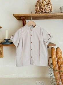 SHEIN Leap Crew 一件装 男童休闲运动学院风艺术复古立领衬衫，适合儿童、男童返校季、生日派对、晚宴、演出、婚礼、洗礼、开幕式等场合，适合日常穿着、上学、旅行、运动，适合春夏季节。 - 卡其色 - 查看 4