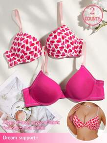 DesireSculpt 2pcs/Set Women's Fashion Heart Print Underwire Lingerie Bra Set