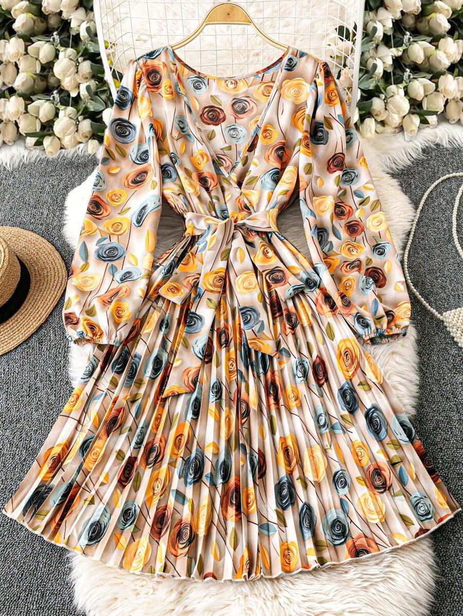 SHEIN Unity Vestido casual plissado com estampa floral plus size e mangas compridas - Roxa - Ver 1