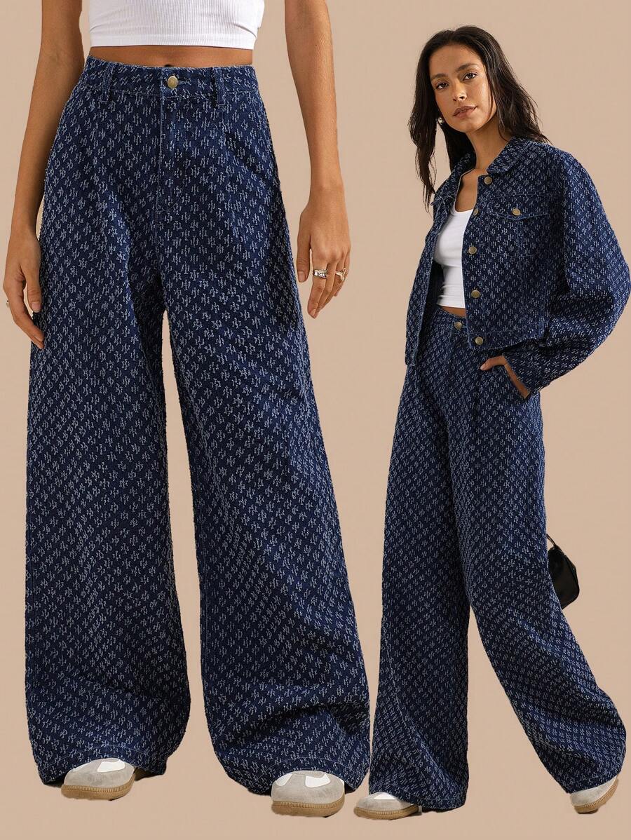 Forever 21 Women's All-Over Pattern Wide Leg Loose Casual Versatile Jeans - Blue - View 1