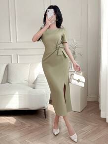 xheDAZY Vestido maxi de verano para mujer con lazo decorativo y pliegues con abertura frontalxhe - Verde - Ver 7