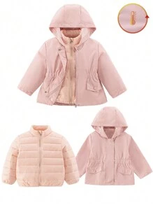 Ragazza giovane set da 2 pezzi Cappotto imbottito + Cappotto in vita stretta, colore rosa, multi-indossabile, caldo e alla moda, adatto per uso esterno quotidiano, autunno/inverno - Rosa - Visualizzare 1