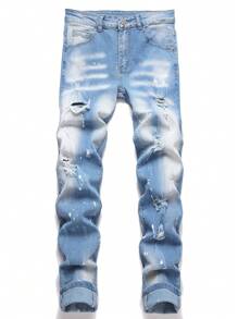 Manfinity LEGND 男式休闲破洞修身牛仔裤 - 淺色水洗藍 - 查看 1