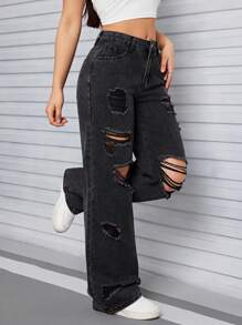 SHEIN Tall Jeans casuales de mezclilla con bolsillo delantero y efecto desgastado sencillo para mujer - Negro - Ver 2