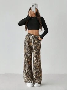 SHEIN Tall Women's Y2K Camouflage Branch Pattern Sweatpants Wide Leg Pants