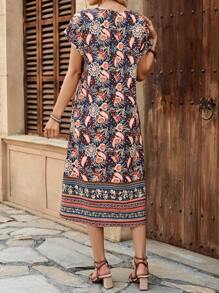 EMERY ROSE Women's Casual Straight Midi Dress With Plant Print And Bat Sleeves, Vacation Wear