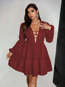 Viva Relle Plus Size Elegant Sexy Solid Deep V-Neck Criss-Cross Backless Dress