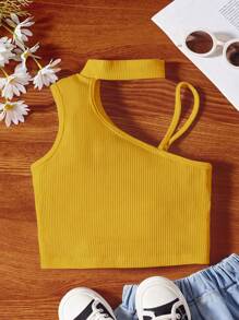 SHEIN Tween Girl Solid Asymmetric Neck Ribbed Casual Tank Top - Yellow - View 1