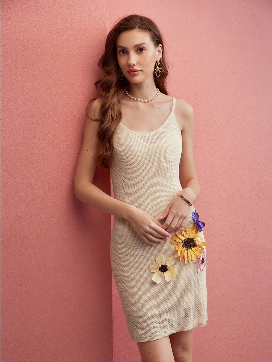 MOTF PREMIUM FLORAL PATCHED CAMI SWEATER DRESS,VALENTINE'S DAY OUTFIT,SPRING/SUMMER - Khaki - View 1