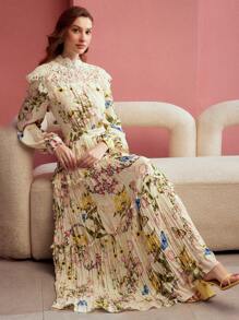 MOTF PREMIUM FLORAL PRINT GATHERED FRILL TRIM DRESS,VALENTINE'S DAY OUTFIT,SPRING/SUMMER - Yellow - View 8