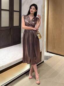 DAZY 女士纯色无袖简约休闲日常连衣裙优雅吊带裙婚礼女士礼服舞会礼服 - 粉色 - 查看 1