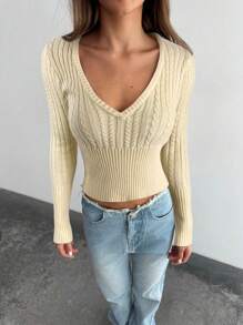 Aloruh New Sexy Deep V-Neck Warm Knit Sweater,Versatile & Comfortable Long Sleeve Pullover