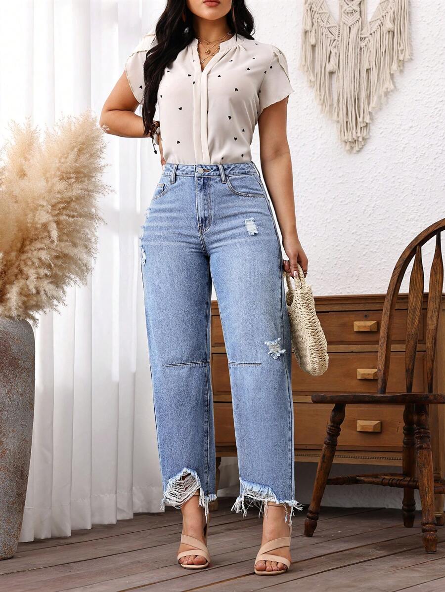 EMERY ROSE Jeans de mezclilla casual de mujer con dobladillo desgastado y lavado - Lavado ligero - Ver 1